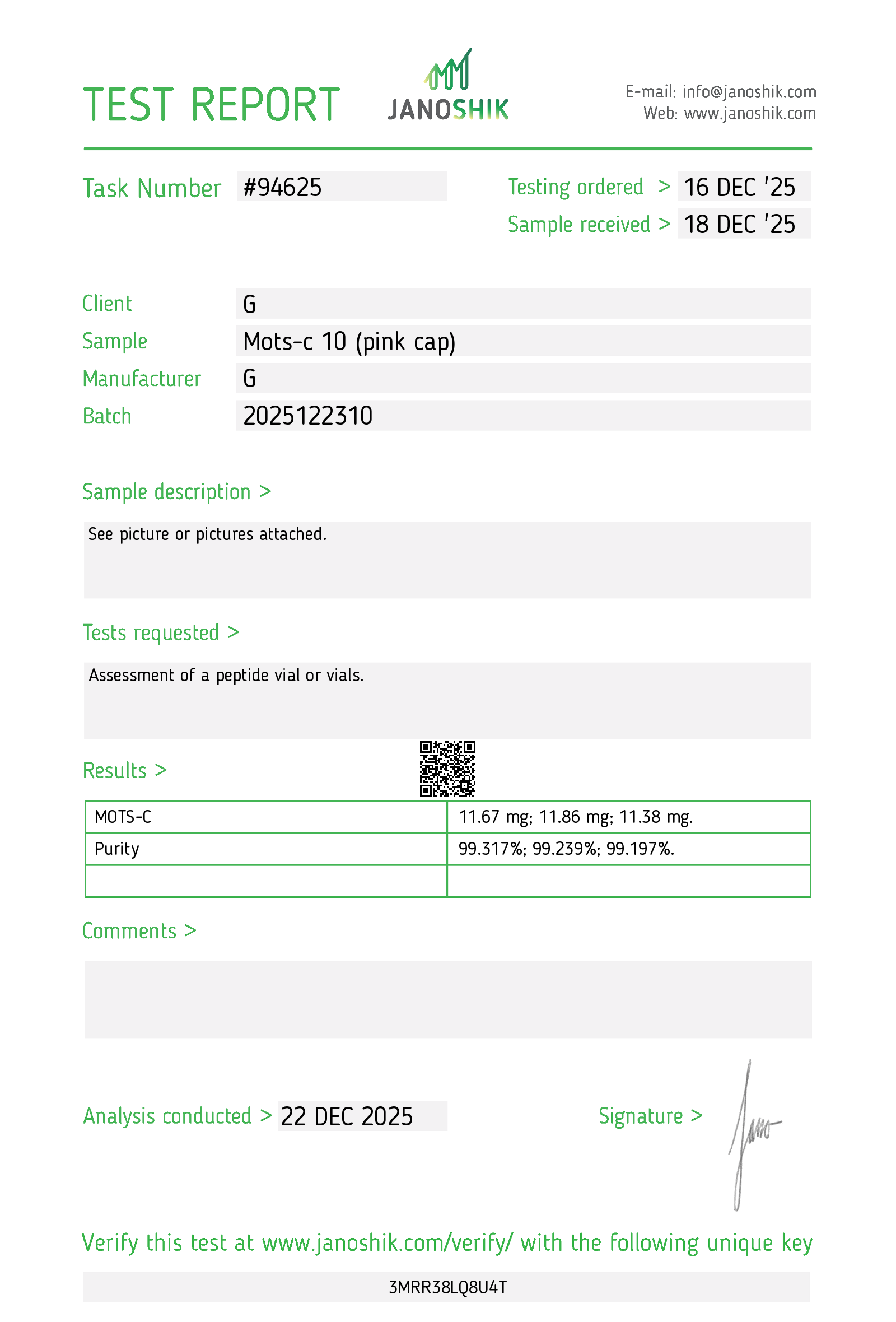 CoA · MOTS-c 10mg · Lot 2025122310