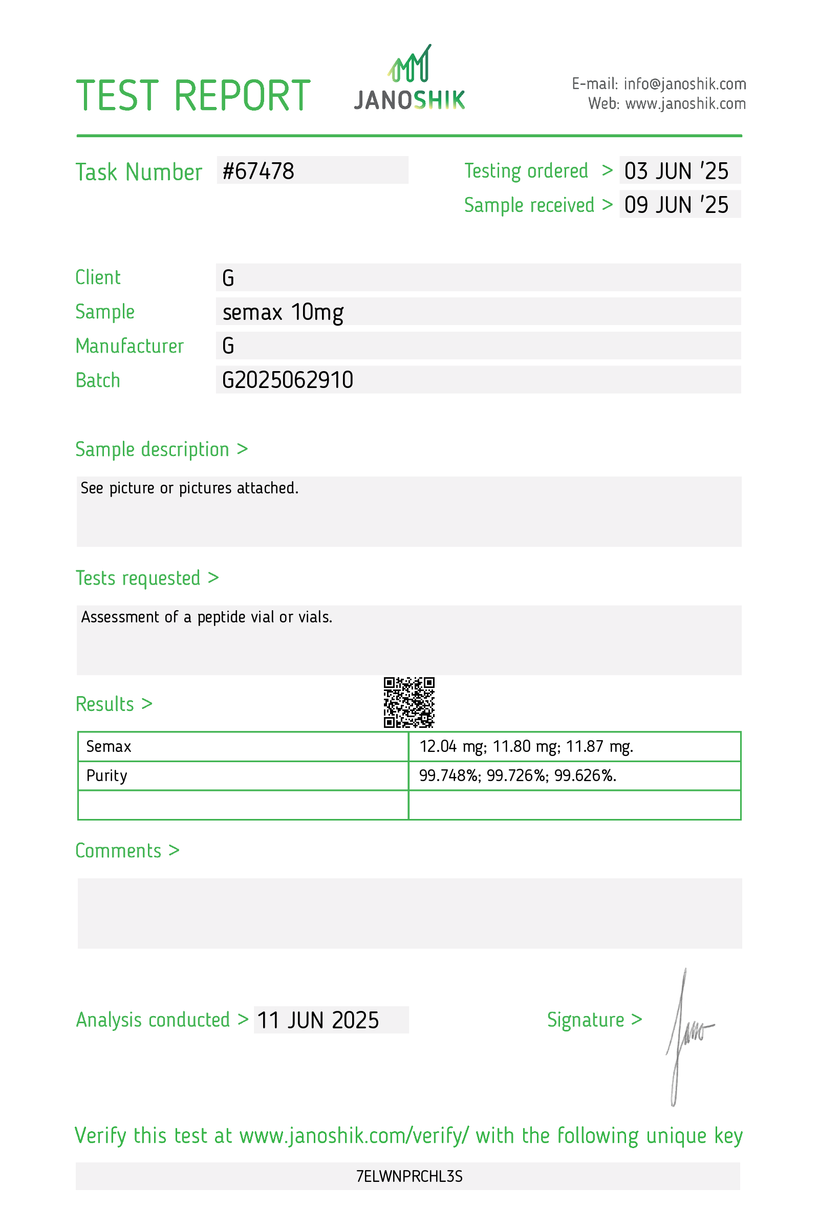 CoA · Semax 10mg · Lot G2025062910